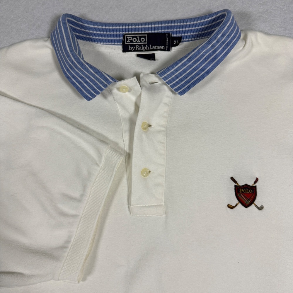 Vintage Polo Ralph Lauren Golf Shirt XL White Tartan Crest Striped Collar Cotton